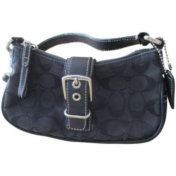 *Coach Black Satchel Leather Canvas LOGO Mini Hobo Wristlet - Picture 1 of 6